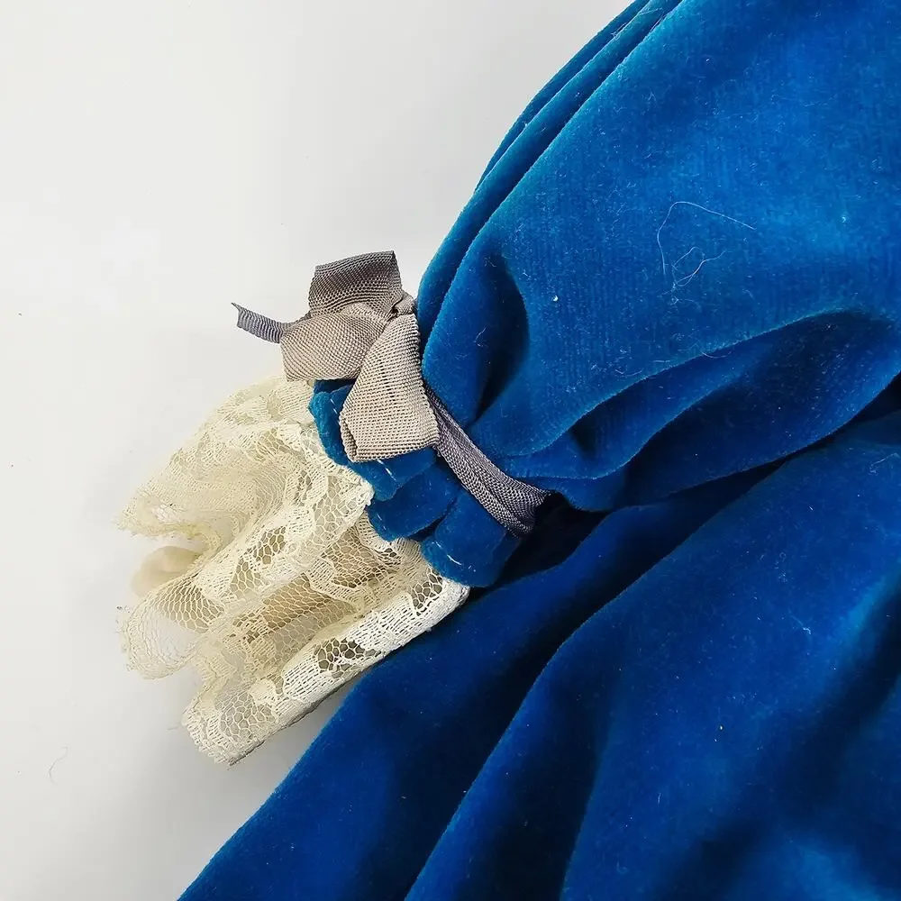 Rare Fine China Head Doll Blue Victorian Velvet & Lace Dress Circa 1980s 17